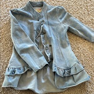 Joyfolie Light Blue Jean Jacket with Ruffles